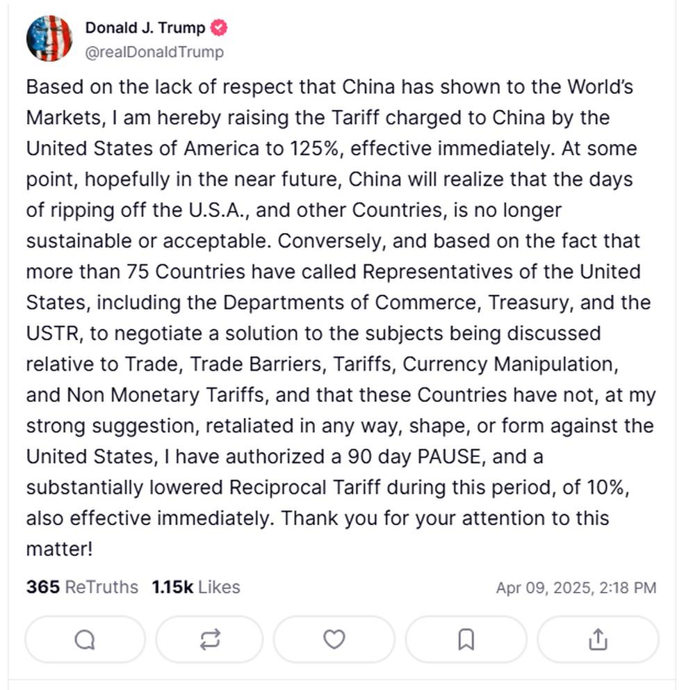 Trump eleva tarifas contra a China para 125%