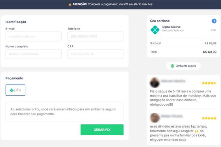 Tela de pagamento online com campos de identificação e taxa de R$ 69,99.