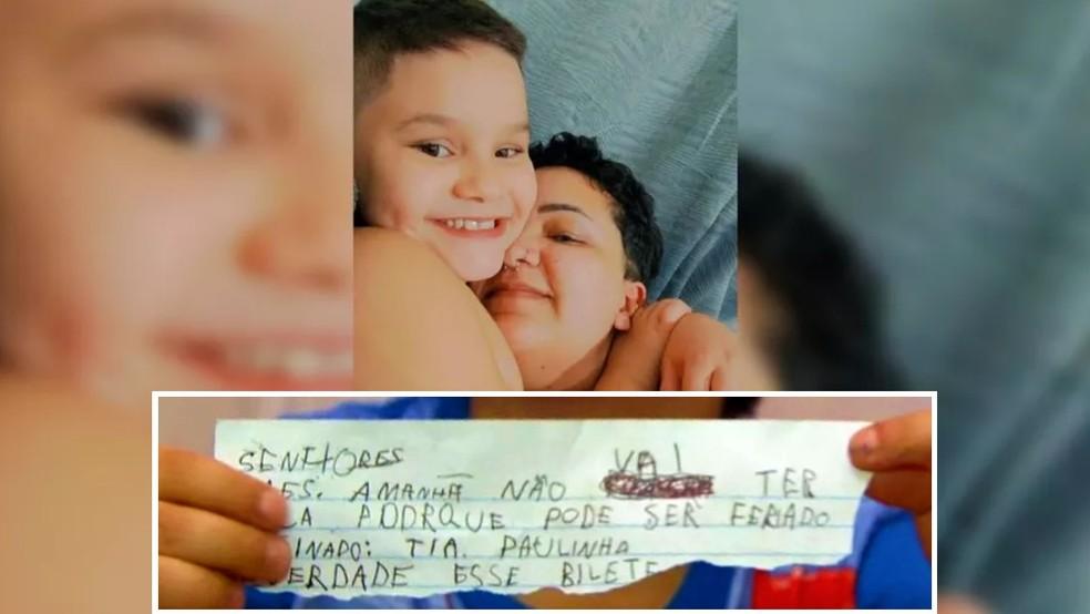 Mãe Geovana e Gabriel Lucca, hoje com 9, que ficou famoso há 4 anos com a mensagem 'é verdade esse bilete'