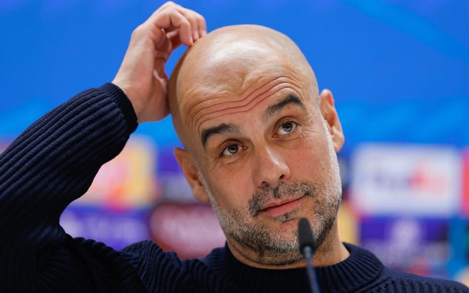 Técnico do Manchester City, Pep Guardiola, durante coletiva de imprensa.