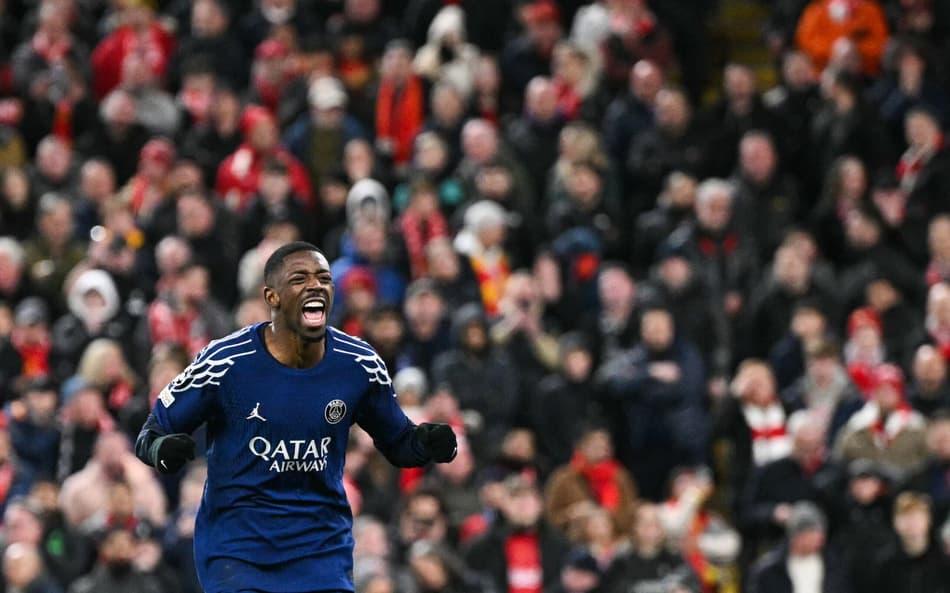 Ousmane Dembélé comemorando gol pelo PSG