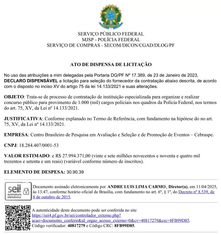 Concurso PF 2025: Cebraspe é escolhido como banca organizadora e edital será lançado em maio