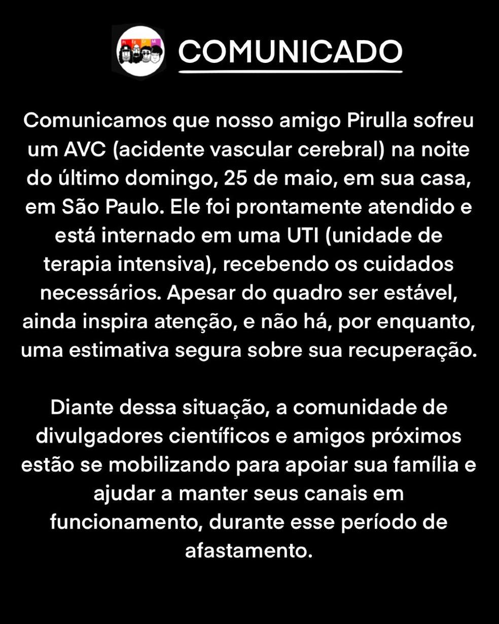 Comunicado sobre o quadro de saúde de Pirulla