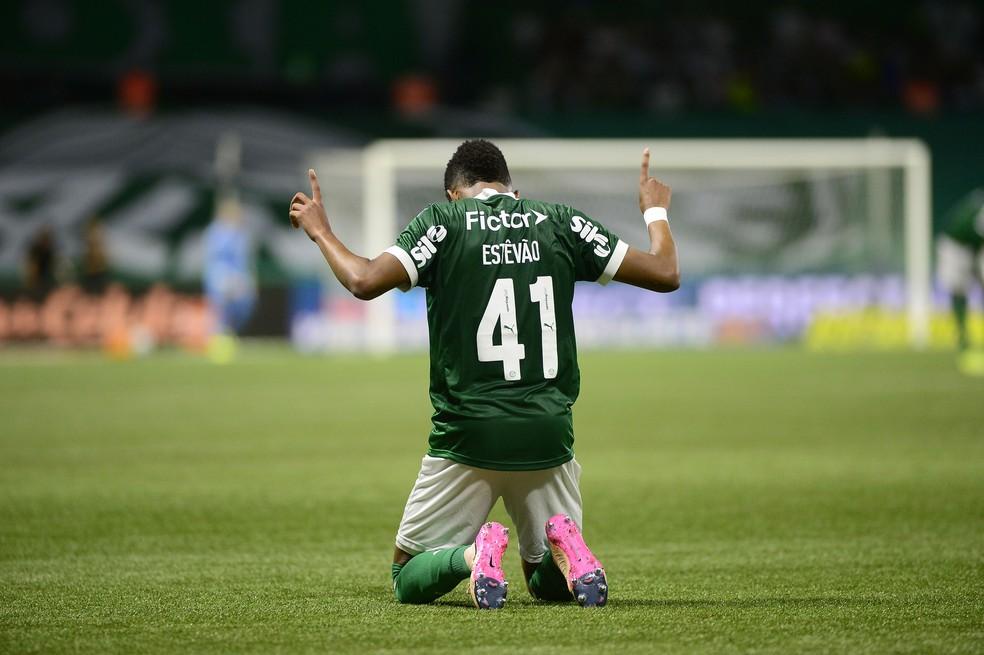 Estêvão comemora gol do Palmeiras contra o Ceará