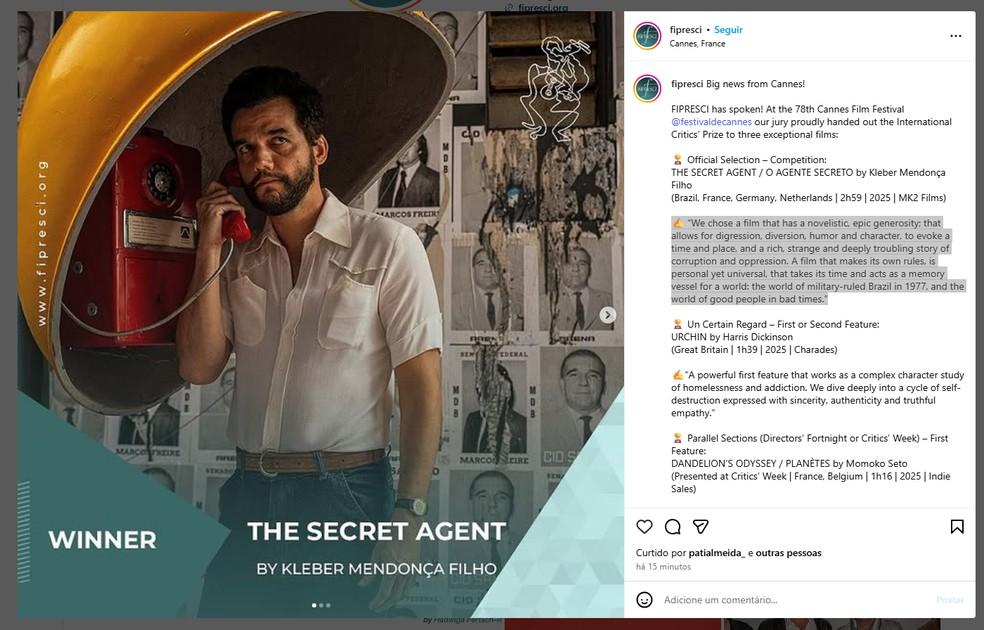 Premiação da Crítica para o filme 'O Agente Secreto'