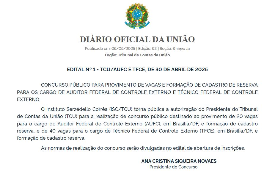 Novo concurso TCU autorizado! 60 vagas + CR.