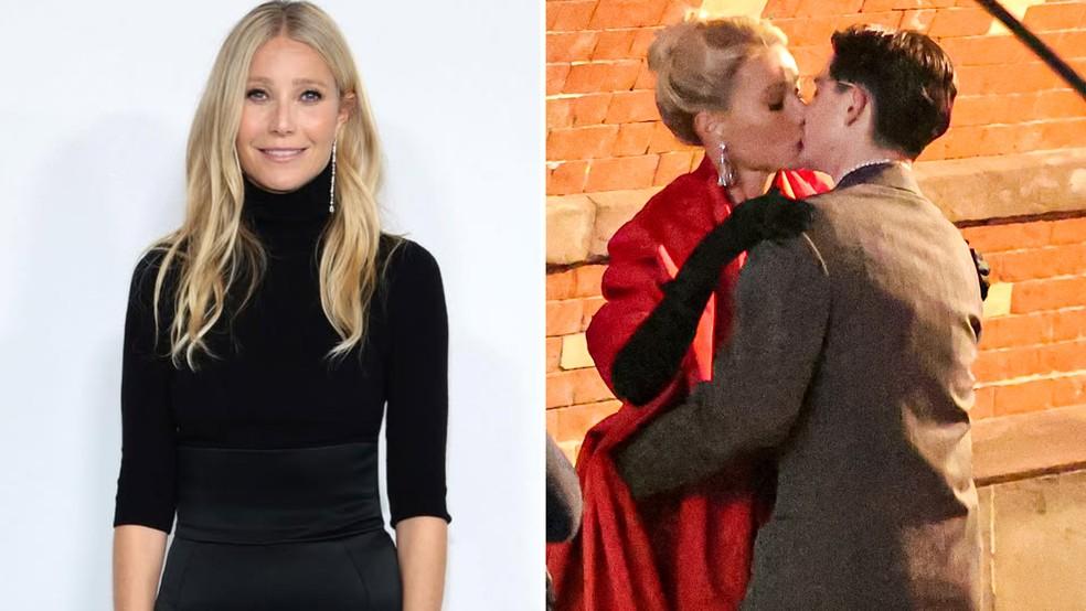 Gwyneth Paltrow e Timothée Chalamet no set de 'Marty Supreme'