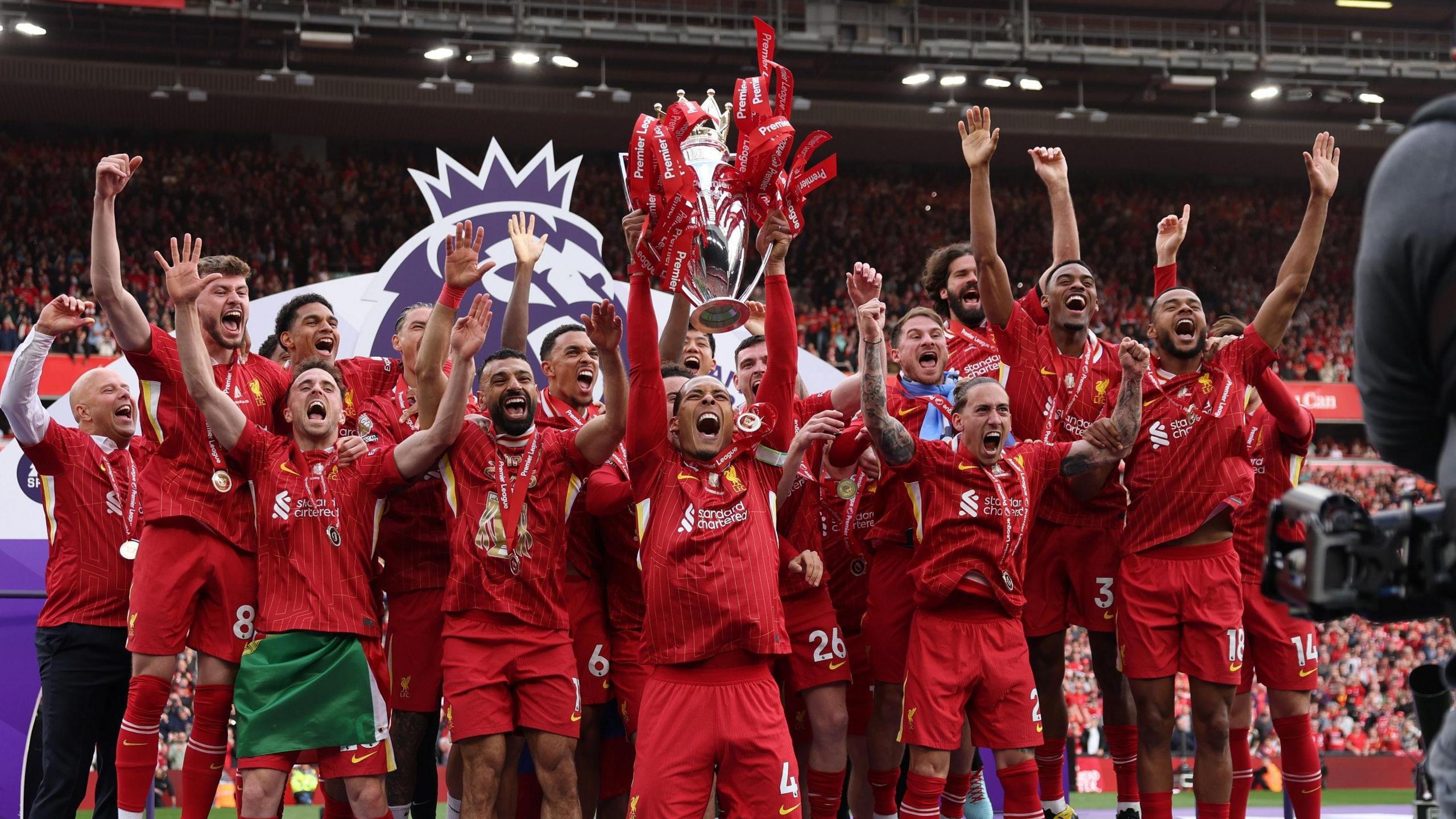 Liverpool lift the Premier League trophy