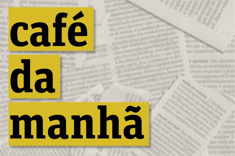 Imagem de capa do podcast Café da Manhã, com o nome do programa escrito sobre vários recortes de jornais.