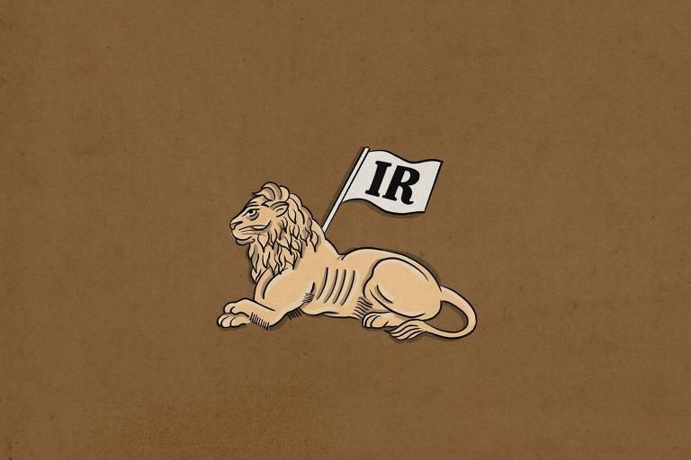 Um leão deitado com uma bandeira branca estampada com as letras 'IR'.