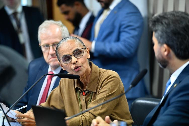 A ministra do Meio Ambiente, Marina Silva, fala com o senador Marcos Rogério durante sessão da comissão de Infraestrutura