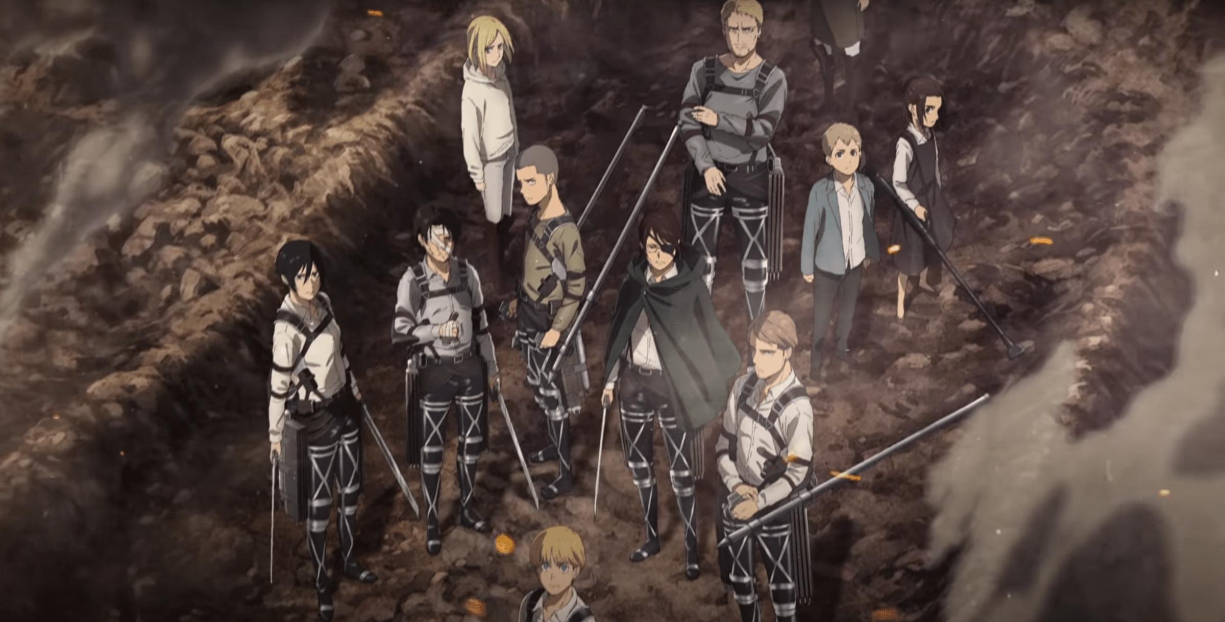 Personagens de Attack on Titan na pegada de um Titã