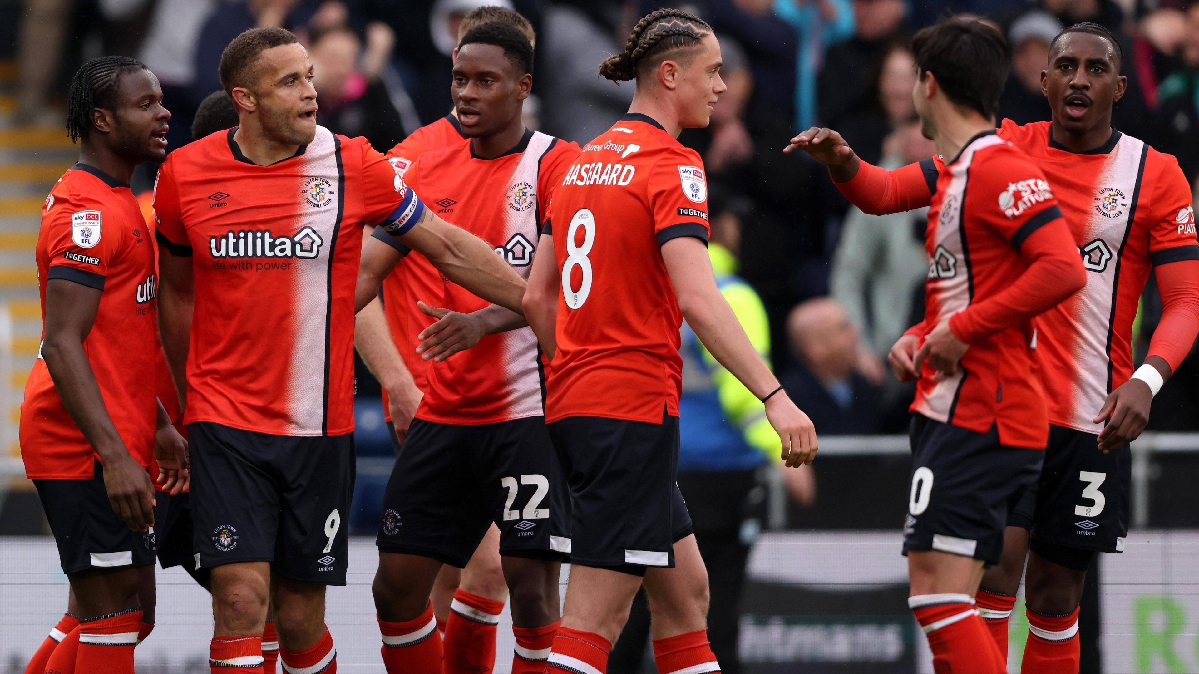 Luton players celebrate the winning goal in their 1-0 victory over Coventry