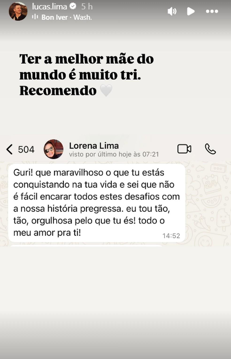 Lucas Lima e sua mãe trocando mensagens de apoio
