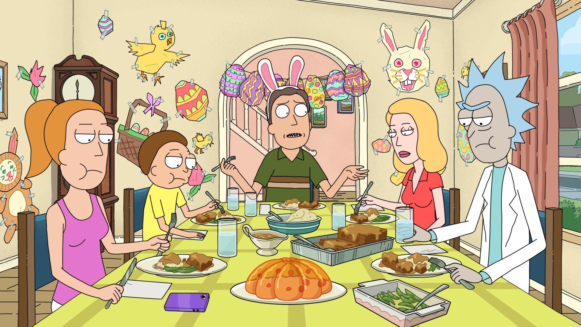 Rick and Morty season 8 still featuring the family around the dinner table com Jerry animado sobre a Páscoa.