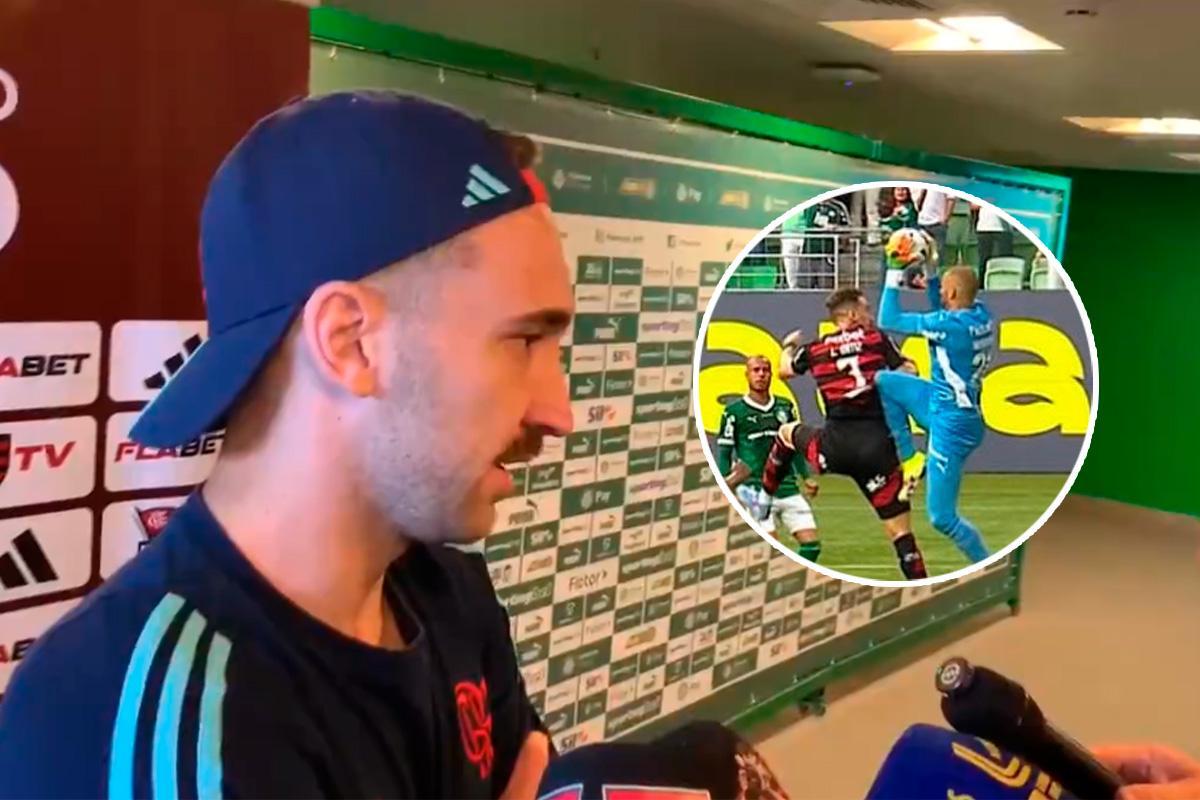 Montagem com Léo Ortiz na zona mista com o lance da joelhada de Weverton no zagueiro durante Palmeiras x Flamengo.