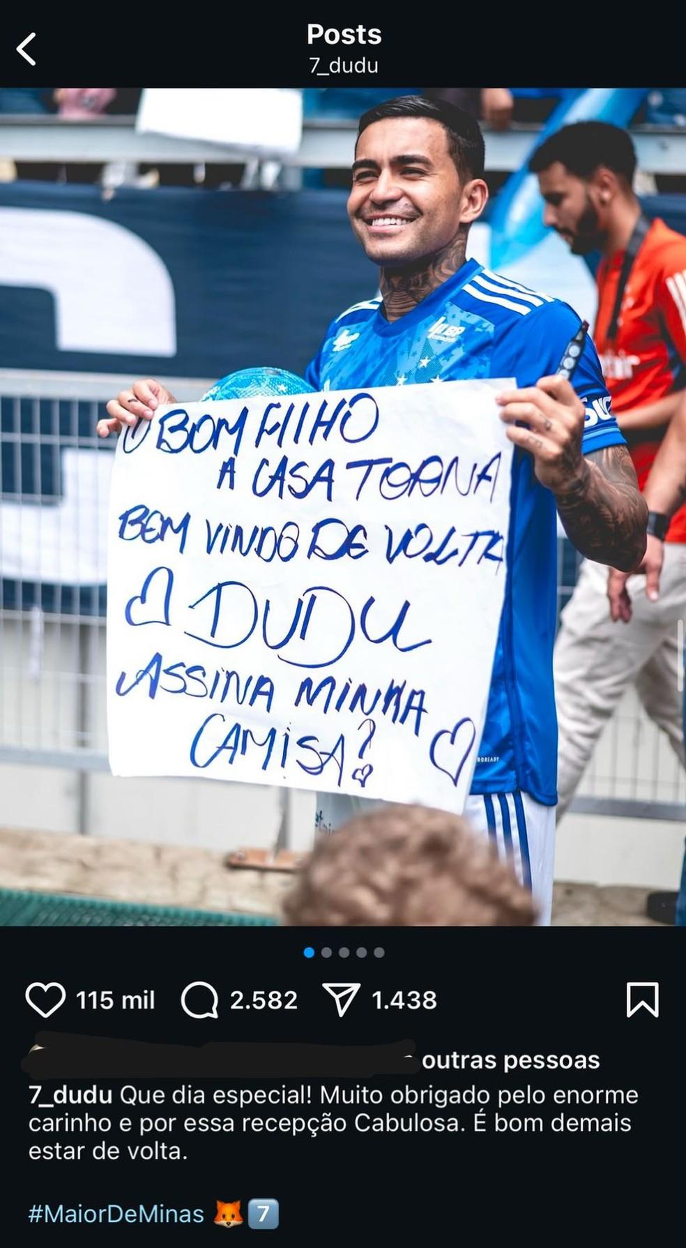 Dudu apagou postagens com a camisa do Cruzeiro.
