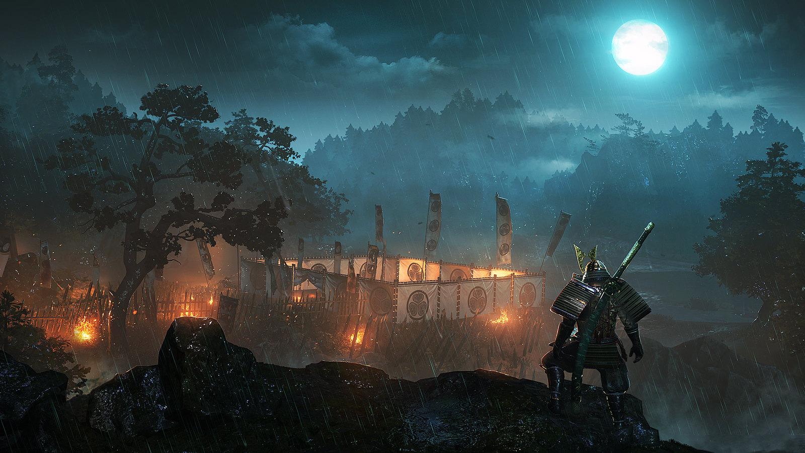 A night time scene with a samurai surveying an encampment