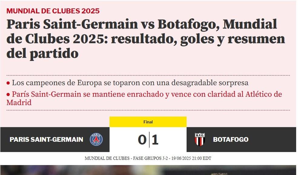 Mundo Deportivo troca escudo do Botafogo pelo Botafogo-SP ao notíciar vitória sobre o PSG na Copa do Mundo de Clubes