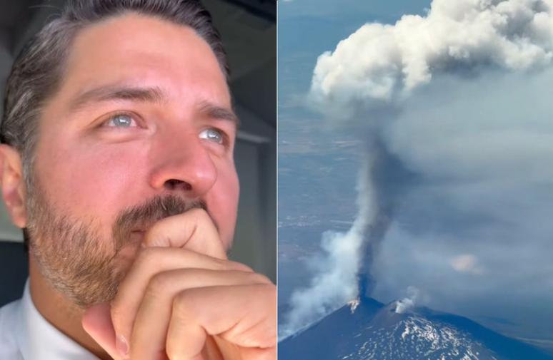 Piloto brasileiro Rafael Santoro registra erupção do vulcão Etna enquanto sobrevoava a região da Sicília, na Itália.