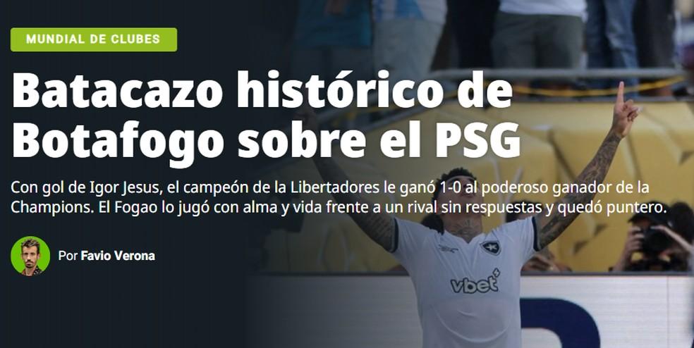 Manchete do Olé, da Argentina, após Paris Saint-Germain 0 x 1 Botafogo