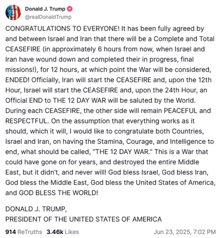 Trump Anuncia Cessar-Fogo Entre Israel e Irã Após Conflito de 12 Dias