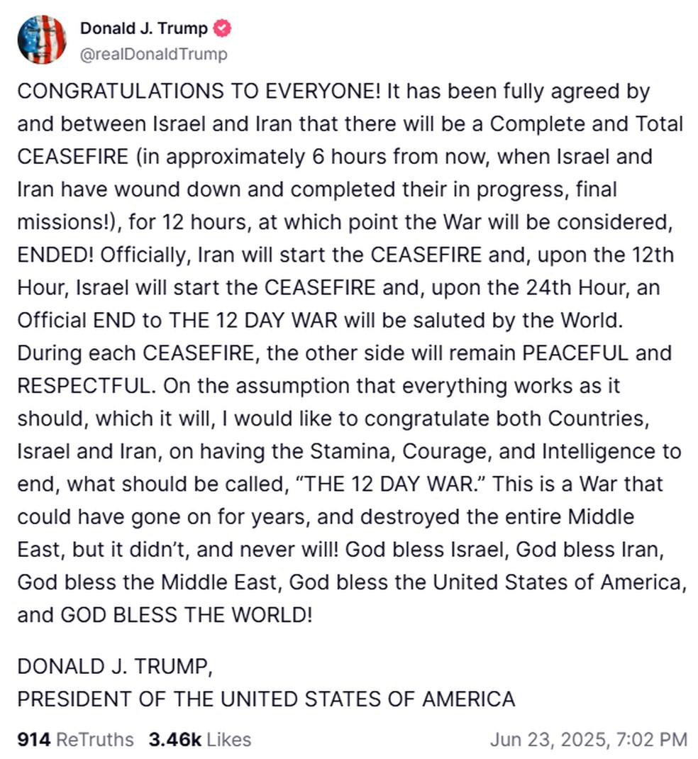 Trump diz que Israel e Irã acordaram cessar-fogo