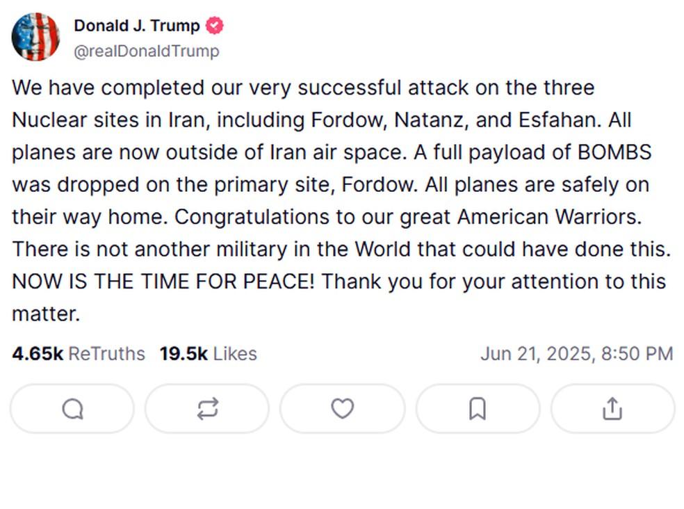 Trump diz que ataque destruiu instalações nucleares em Fordow