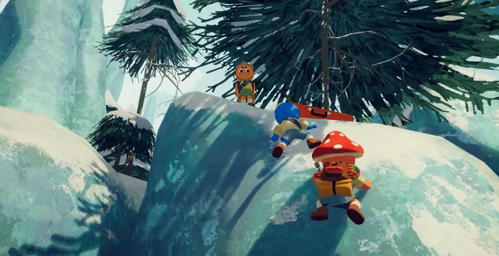 Personagens de Peak escalando a neve