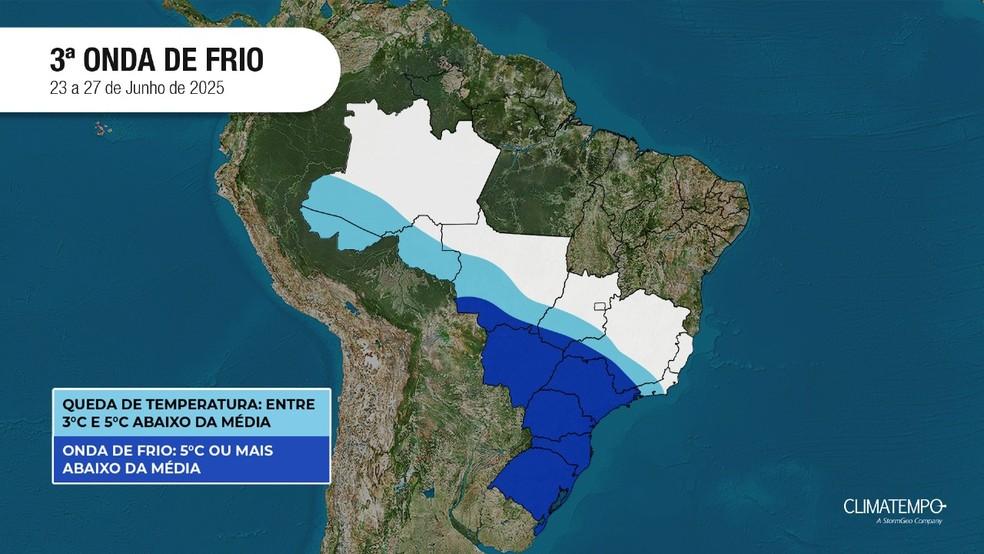 Onda de frio que chega no país entre 23 e 27 de junho.