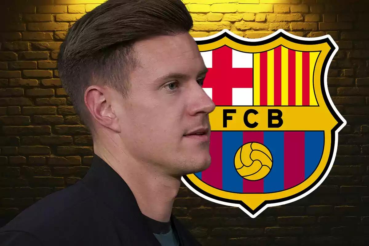 Homenagem a Marc-André ter Stegen com o emblema do FC Barcelona ao fundo