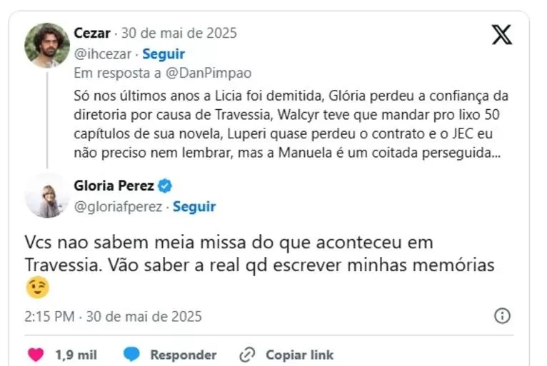 Gloria Perez ameaça expor bastidores polêmicos da novela ‘Travessia’