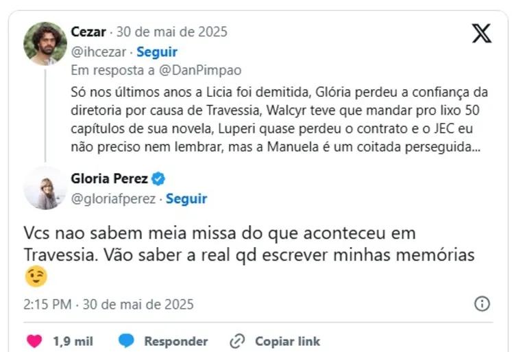 Resposta de Gloria Perez para um internauta.