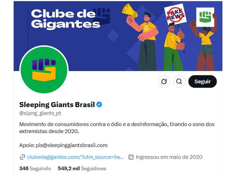 Perfil do Twitter do Sleeping Giants Brasil mostrando o cabeçalho 'Clube de Gigantes'