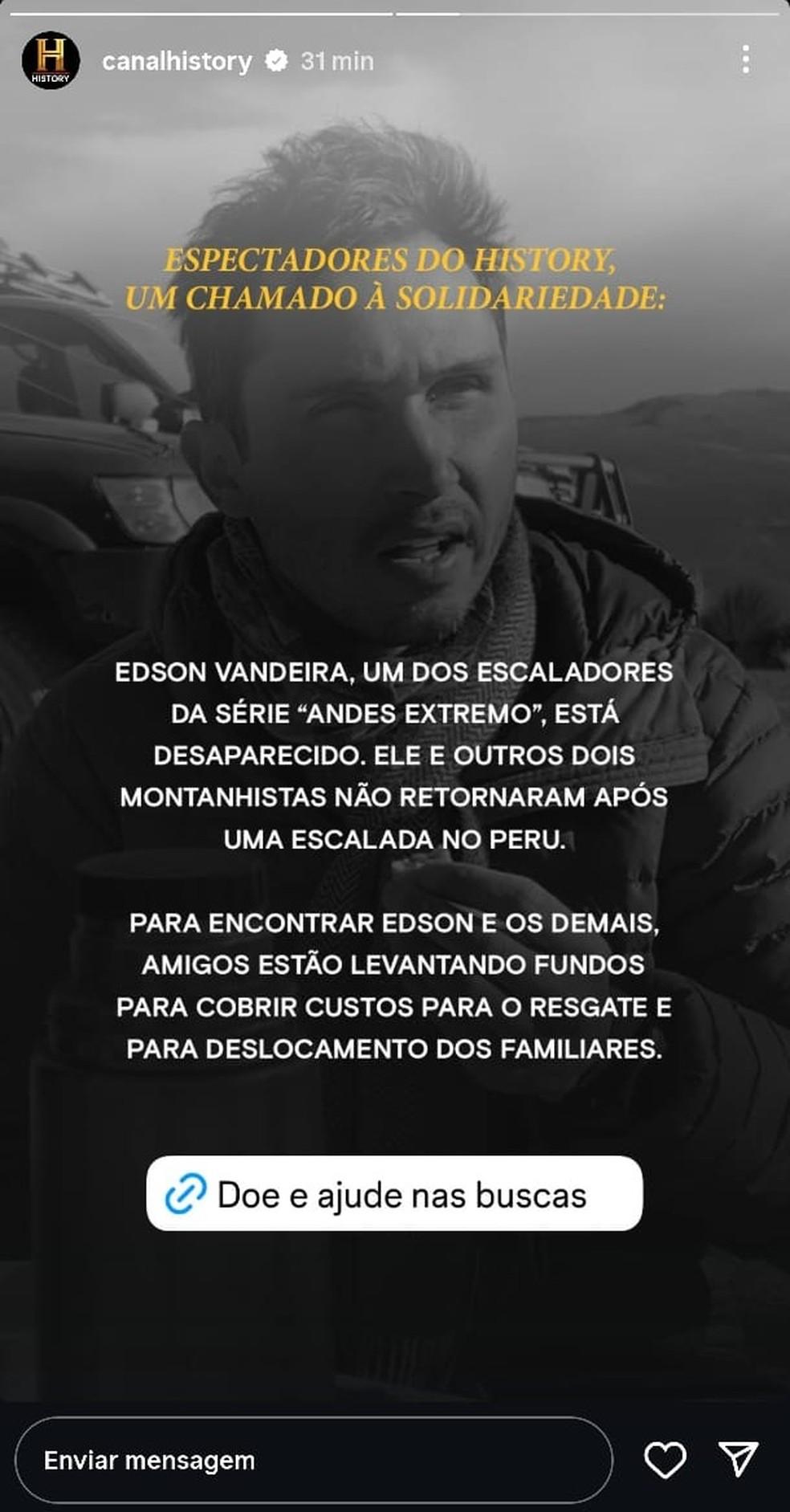 Post do History Channel sobre o desaparecimento do fotógrafo.