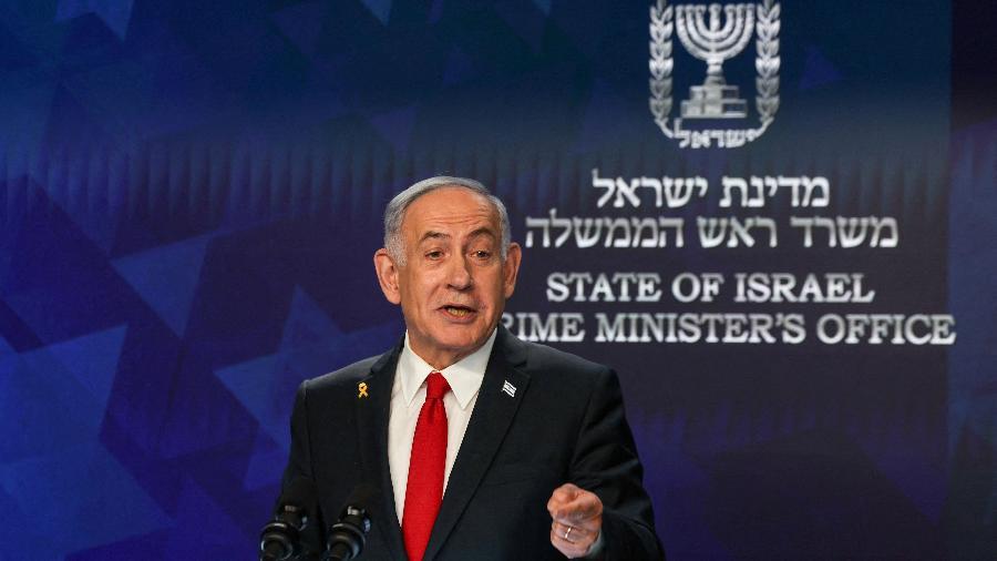 Primeiro-ministro de Israel, Benjamin Netanyahu, durante coletiva de imprensa em Jerusalém.