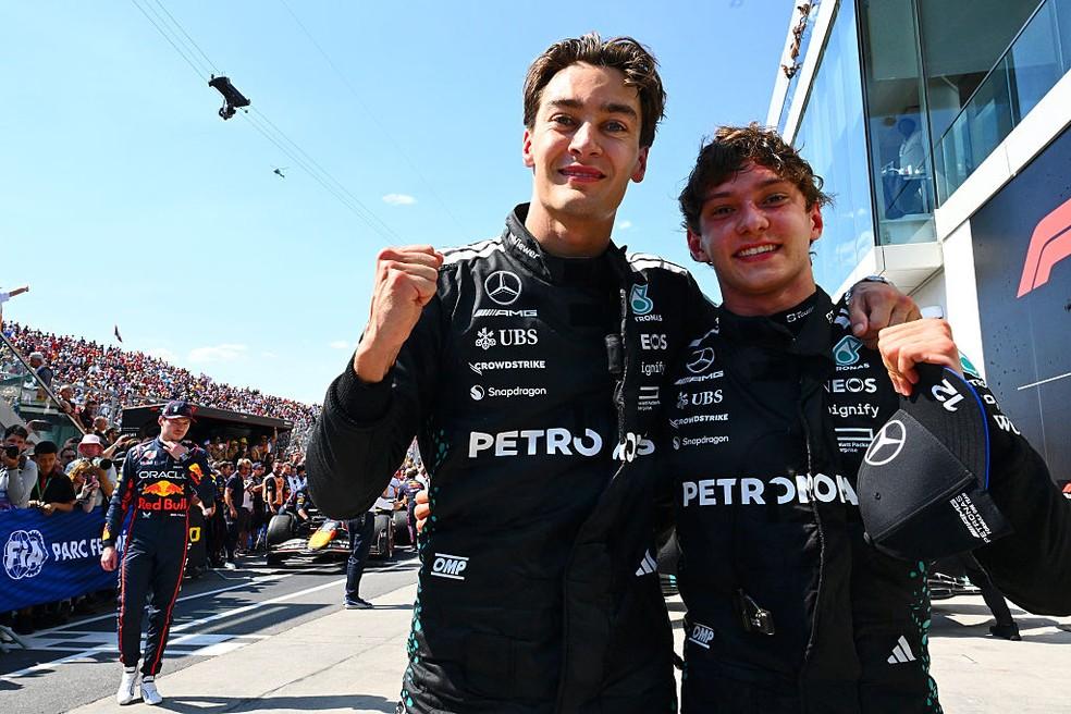 George Russell e Kimi Antonelli celebram pódio duplo da Mercedes no GP do Canadá