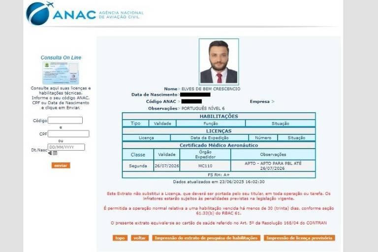 Certificado da ANAC do piloto