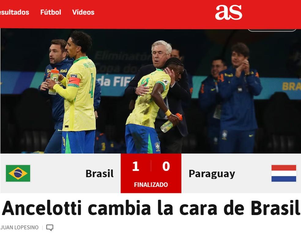 Jornal As destaca atuação da Seleção em vitória sobre o Paraguai: 'Ancelotti muda a cara do Brasil'
