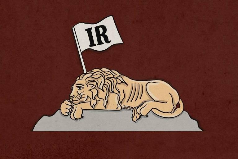 Leão do Imposto de Renda segurando uma bandeira branca com 'IR'