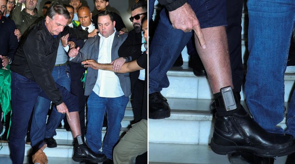 Bolsonaro mostra tornozeleira após encontro com deputados aliados na Câmara.