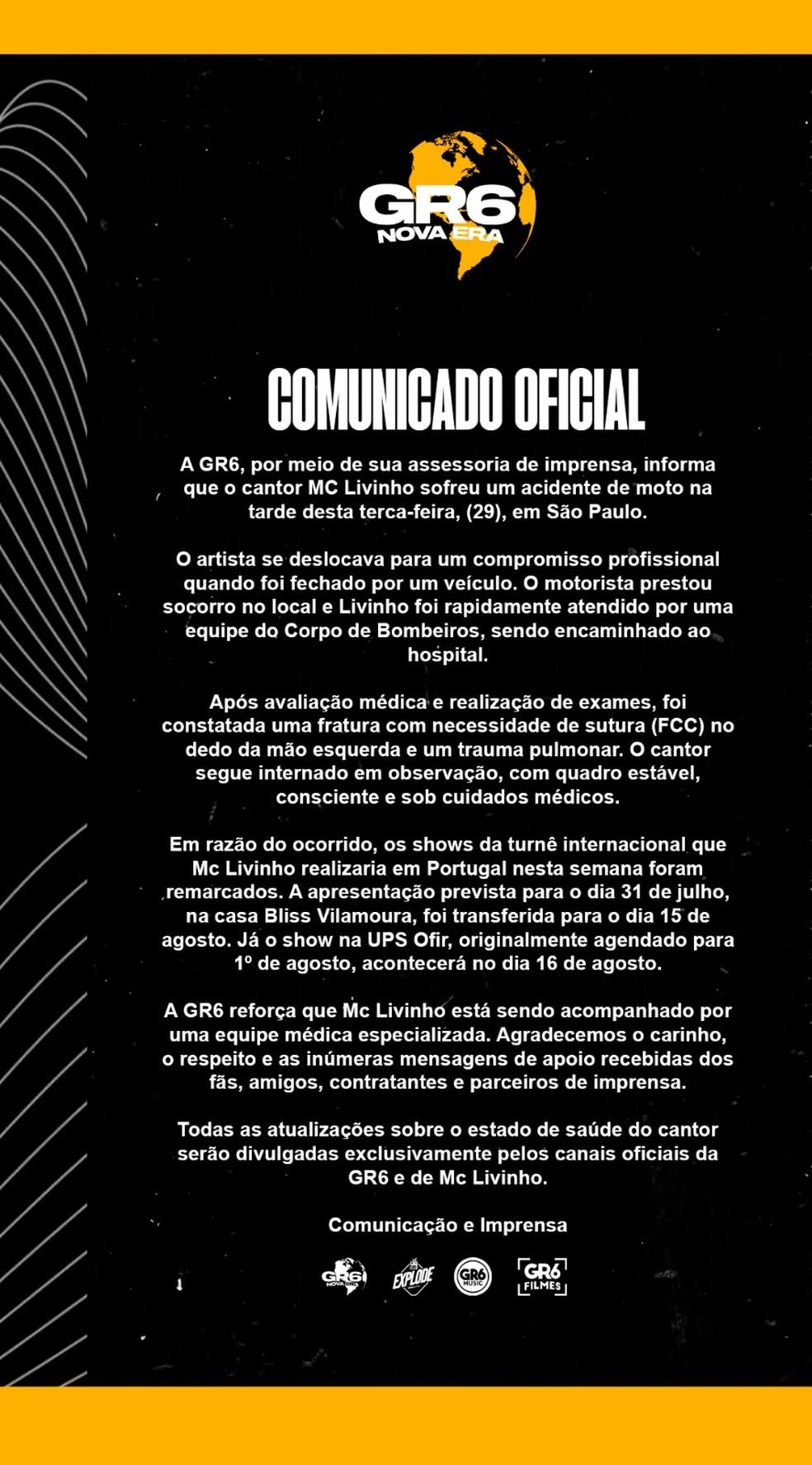 MC Livinho fala sobre seu acidente em São Paulo: 'Comecei a me despedir'