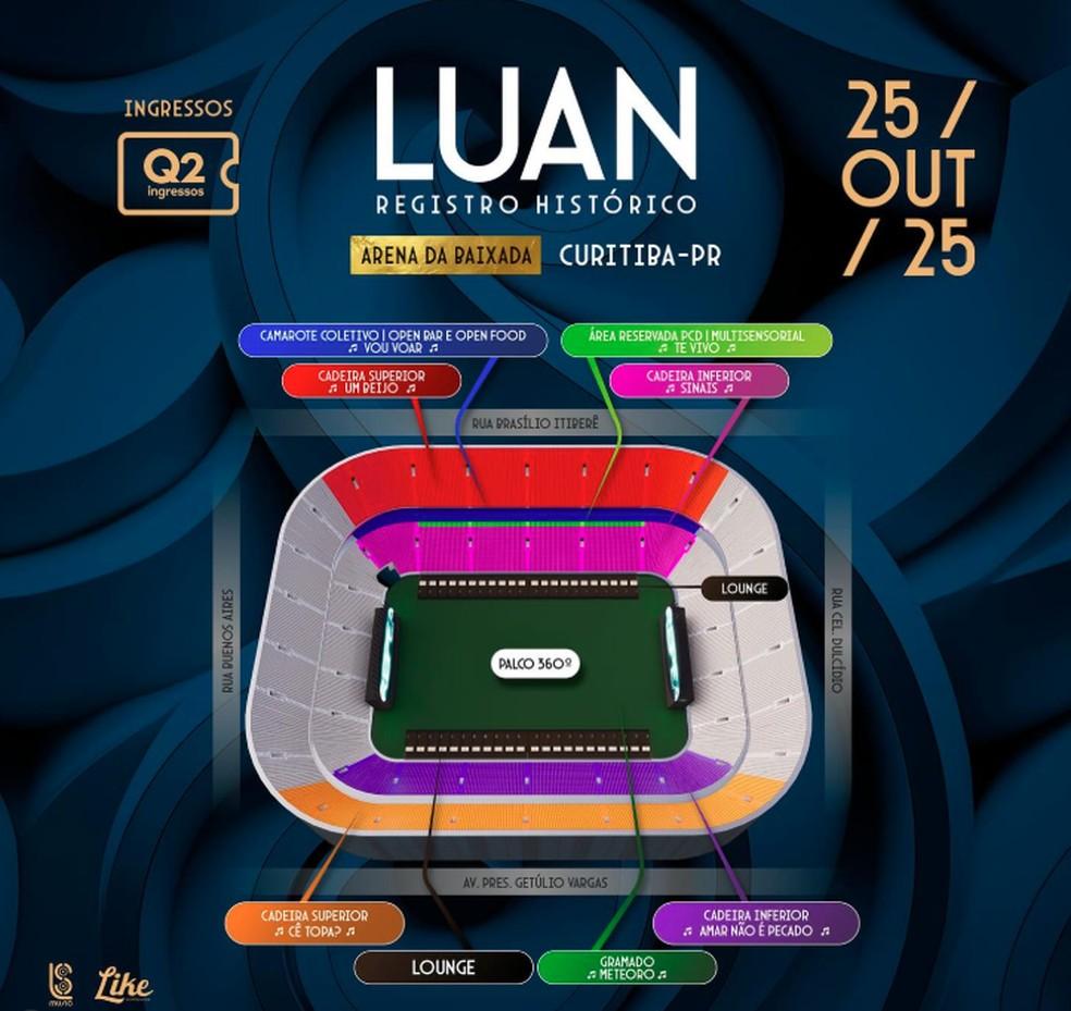 Mapa da Arena da Baixada com setores para o show de Luan Santana.