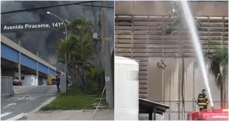 Incêndio de grandes proporções atinge galpões comerciais em Barueri