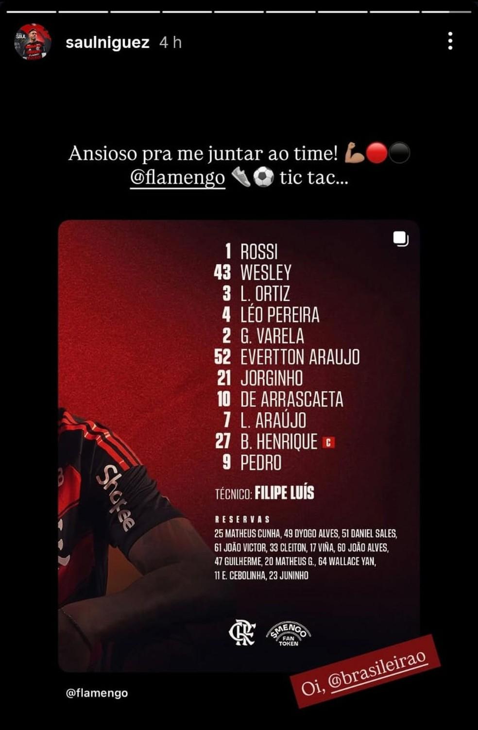 Saúl posta antes de Bragantino x Flamengo