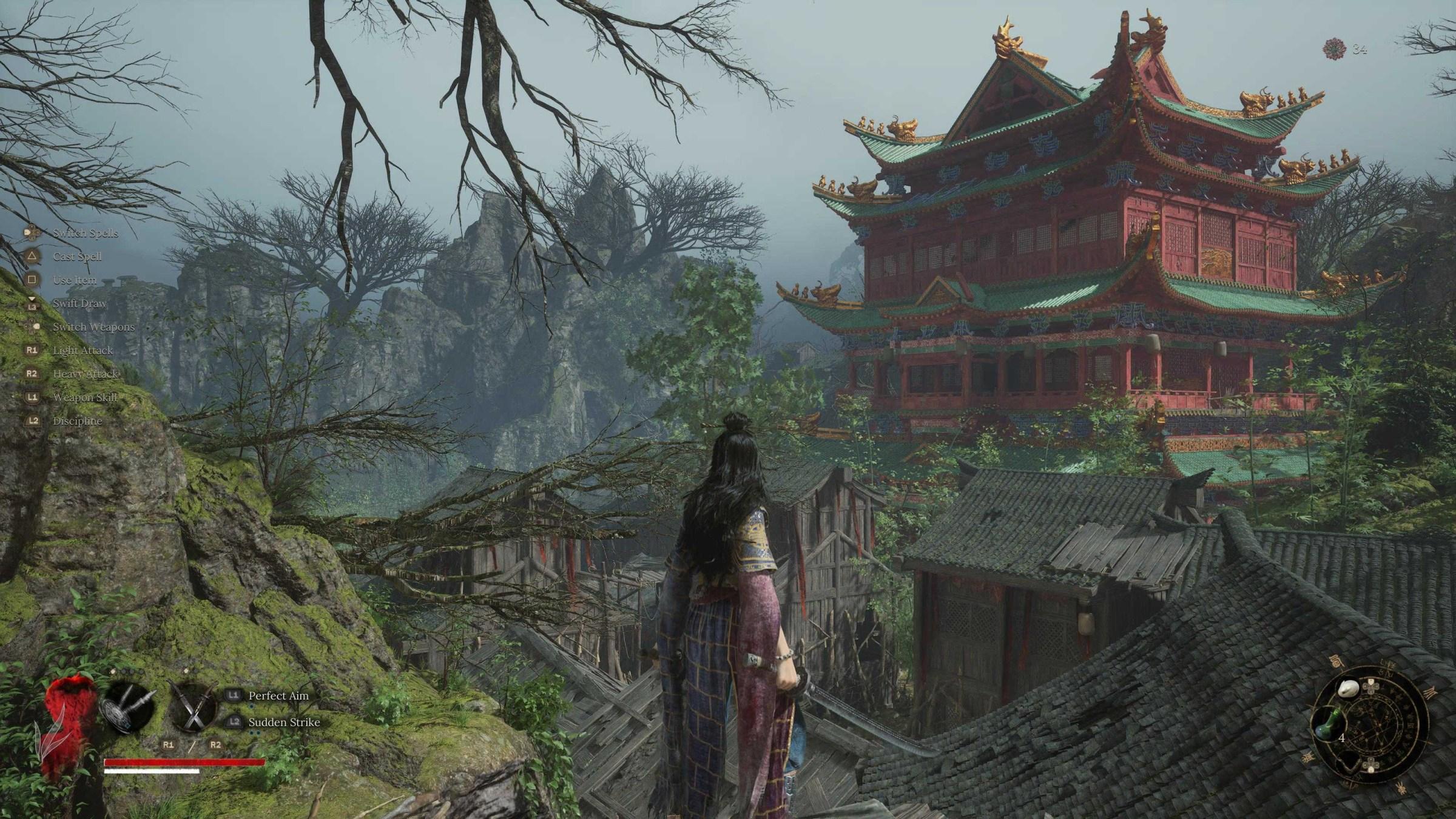 Wuchang stares at a building in Fallen Feathers key art.