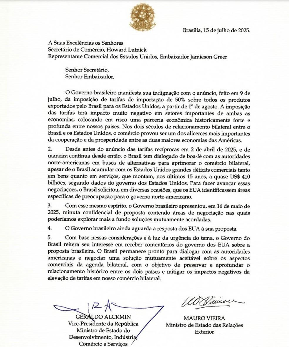 A carta enviada pelo governo brasileiro aos Estados Unidos