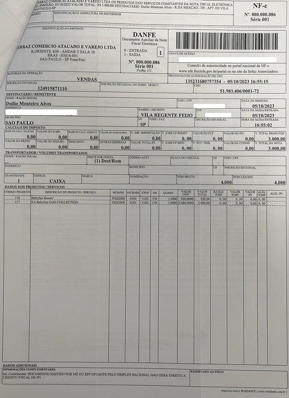 Nota fiscal em nome de Duilio Monteiro Alves em relatório de gastos do Corinthians