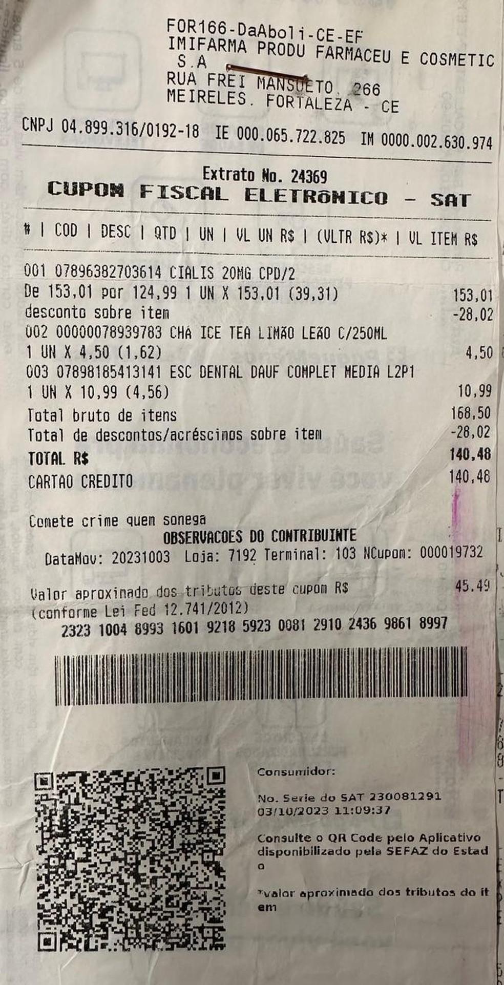 Cupom fiscal anexado em relatório do Corinthians com remédio para ereção