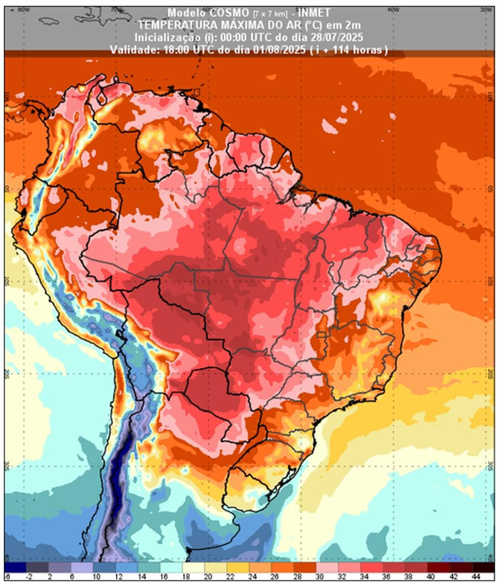 Previsão de temperatura máxima para o dia 1º de agosto de 2025 às 15h